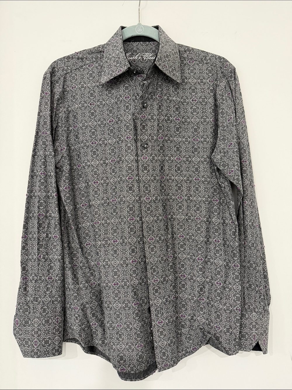 Men's Gray Patterned Dress Shirt with Purple Accents